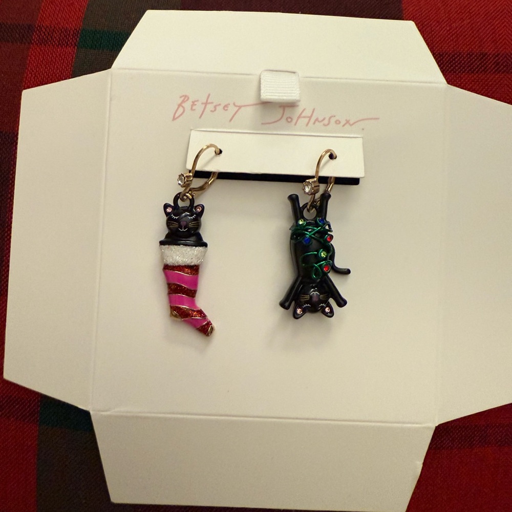Betsey Johnson Black and Pink Cat Earrings, Christmas themed